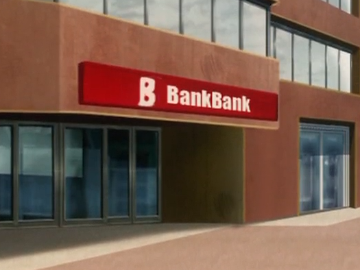 A cropped anime screenshot showing a building. Above the building's door is a rectangular red sign with a white B logo  on it. Next to the logo, white text reads 'BankBank'.