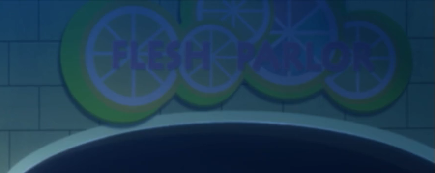 A cropped anime screenshot of a sign. In pink text, it reads 'Flesh Parlor' in all caps. The background of the sign is several cross-sections of lemons.